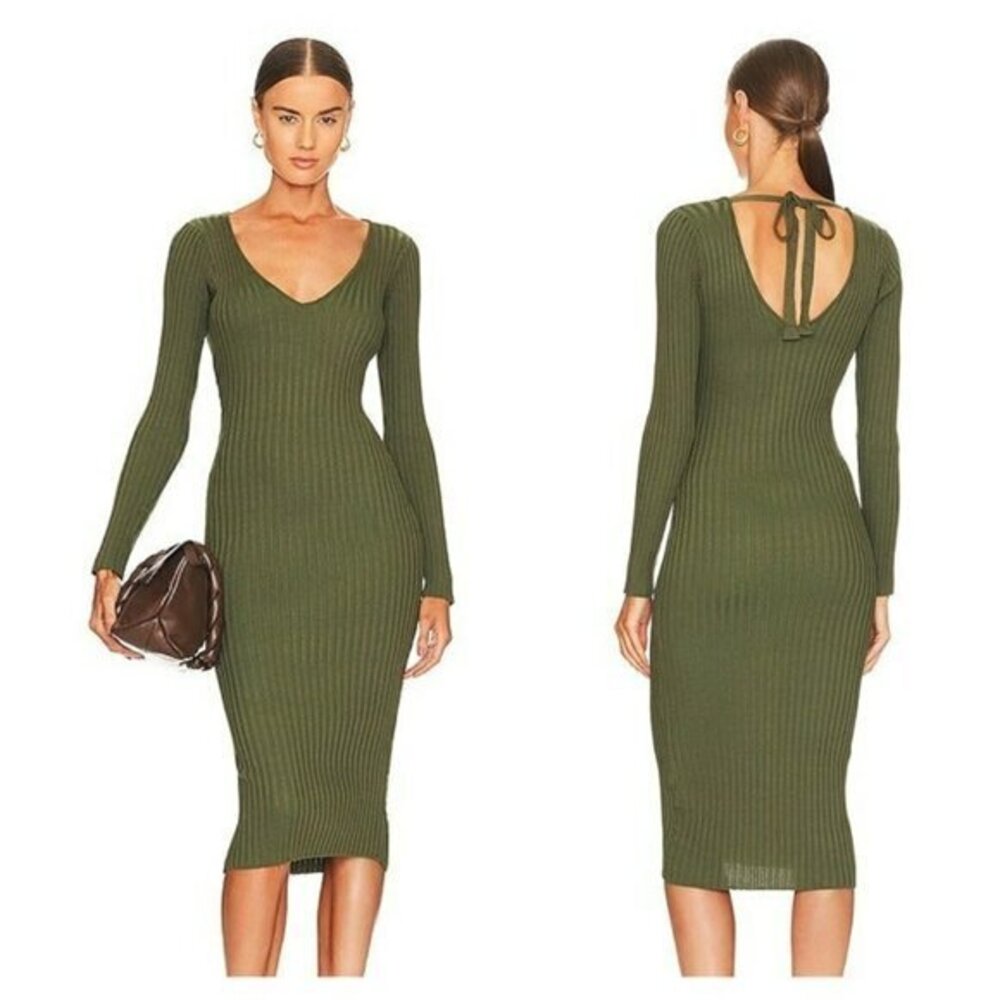 NBD Bekah Deep V Midi Dress - Olive Green